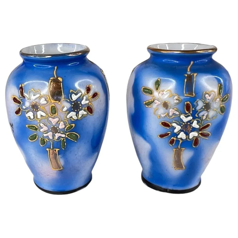 4 Blue Hand Paint Mini Vases Cherry Blossom Floral Design 2.5 IN Inch Made Japan